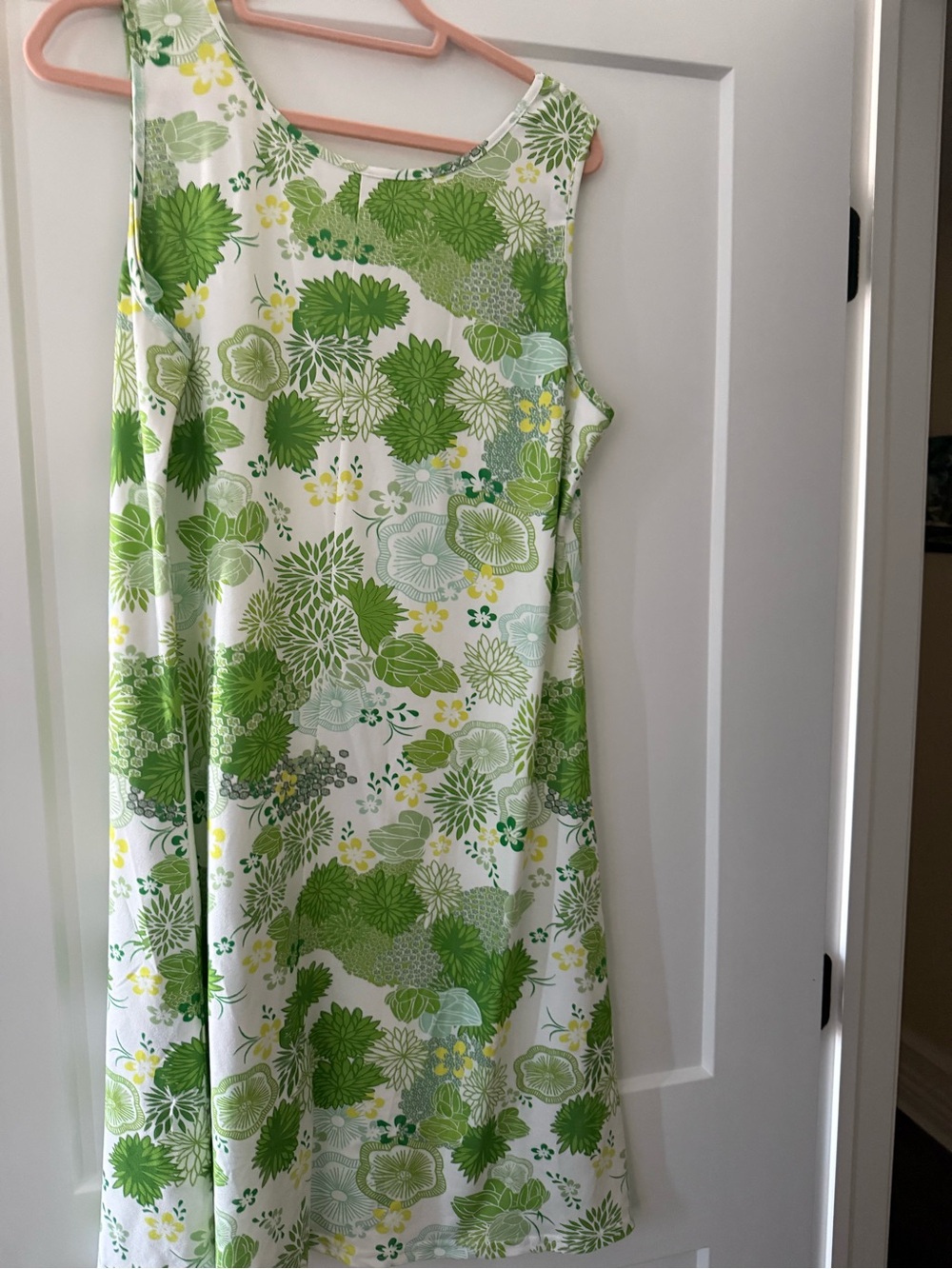 Sleeveless White Midi Dress with Green Floral Print